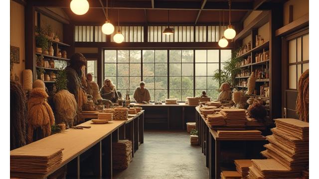 1990年代の日本の織物工場のレトロな写真