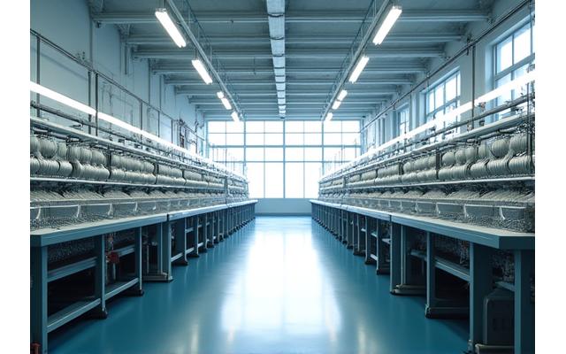 最新鋭の織機が並ぶ清潔な工場内部の写真