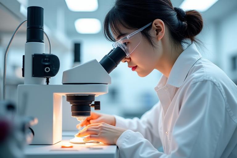 顕微鏡で布地の検査を行う専門家