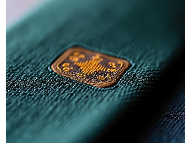 企業ロゴがジャカード織りで表現されたネクタイのクローズアップ。ロゴが織り込まれ、高級感を醸し出している。