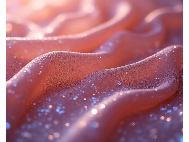 高級感のある絹織物で作られたドレスのクローズアップ。複雑な模様が光沢とともに浮かび上がる。