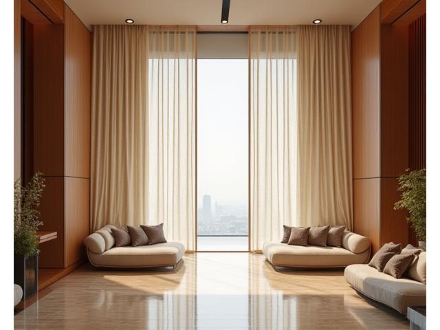 ホテルのロビーで使用される豪華なジャカード織のカーテン。和風モダンな柄が空間に溶け込んでいる。