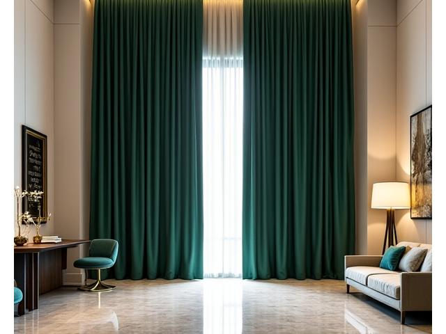 国際的な高級ホテルの広々としたロビーにかけられた、ブランドロゴが控えめに織り込まれた特大のカーテン。