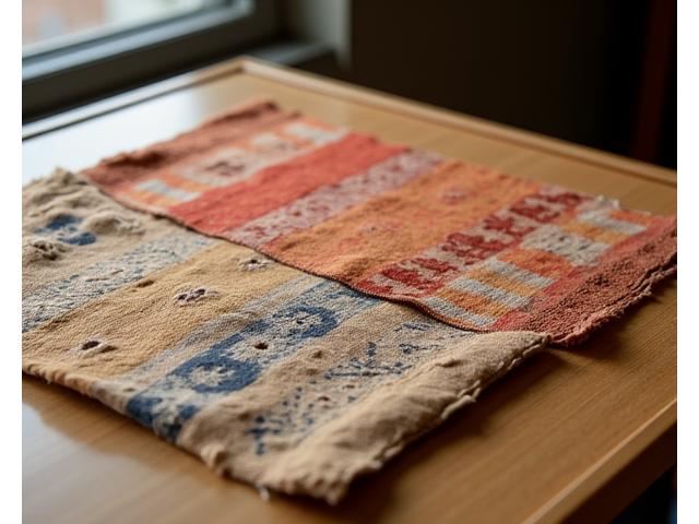 歴史的建造物で使用されていたであろう、古く損傷した織物と、それを最新技術で忠実に復元した新しい織物が並べて置かれている。