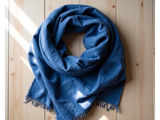 初心者によって作られた美しい藍染のストール、シンプルな絞り模様が特徴