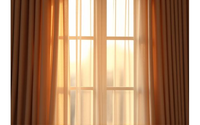 光が差し込む窓辺に美しくドレープする遮光・遮熱機能付きカーテン