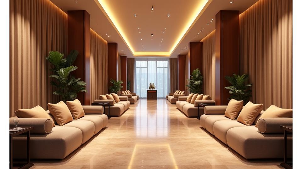 高級ホテルのロビーで、Mugen Textilesのテキスタイルが使用された優雅な空間