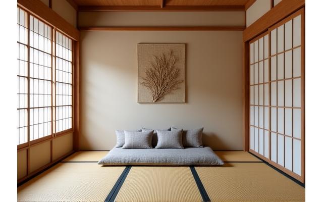 京都の老舗旅館で、伝統とモダンが融合した和室にMugen Textilesのテキスタイルが配されている