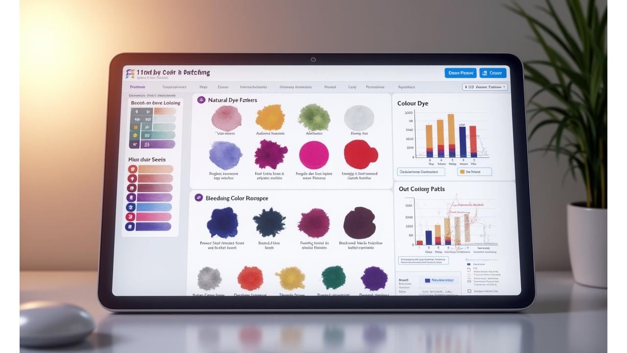 デジタルツールで天然染料の色合わせをシミュレーションしているUIのモックアップ。カラーピッカー、染料候補、調合比率が表示されている。