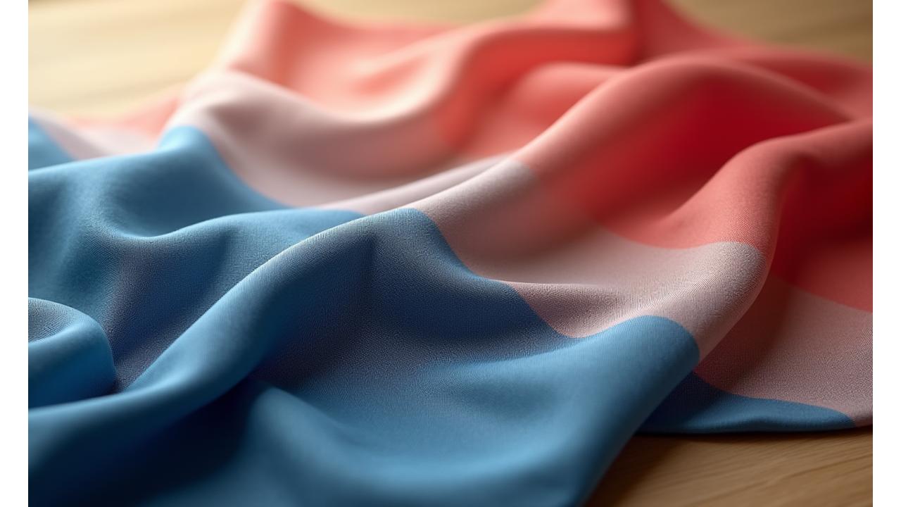 伝統的な自然染料で染められた美しいグラデーションの絹織物、柔らかな光が当たる