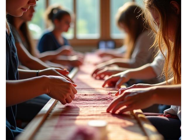 伝統的な織物技術を学ぶ参加者たちのワークショップ風景