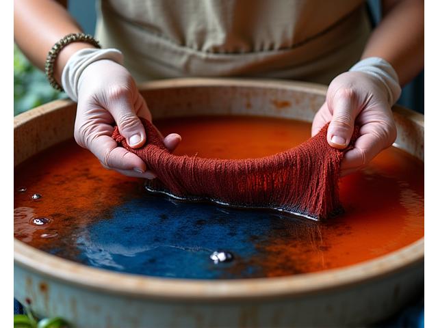 植物由来の自然染料で繊維を染める熟練の職人