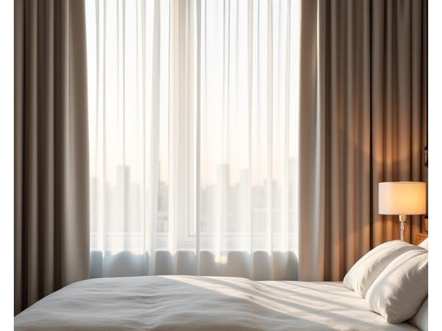 高級ホテルの客室にあるリサイクル素材のカーテン