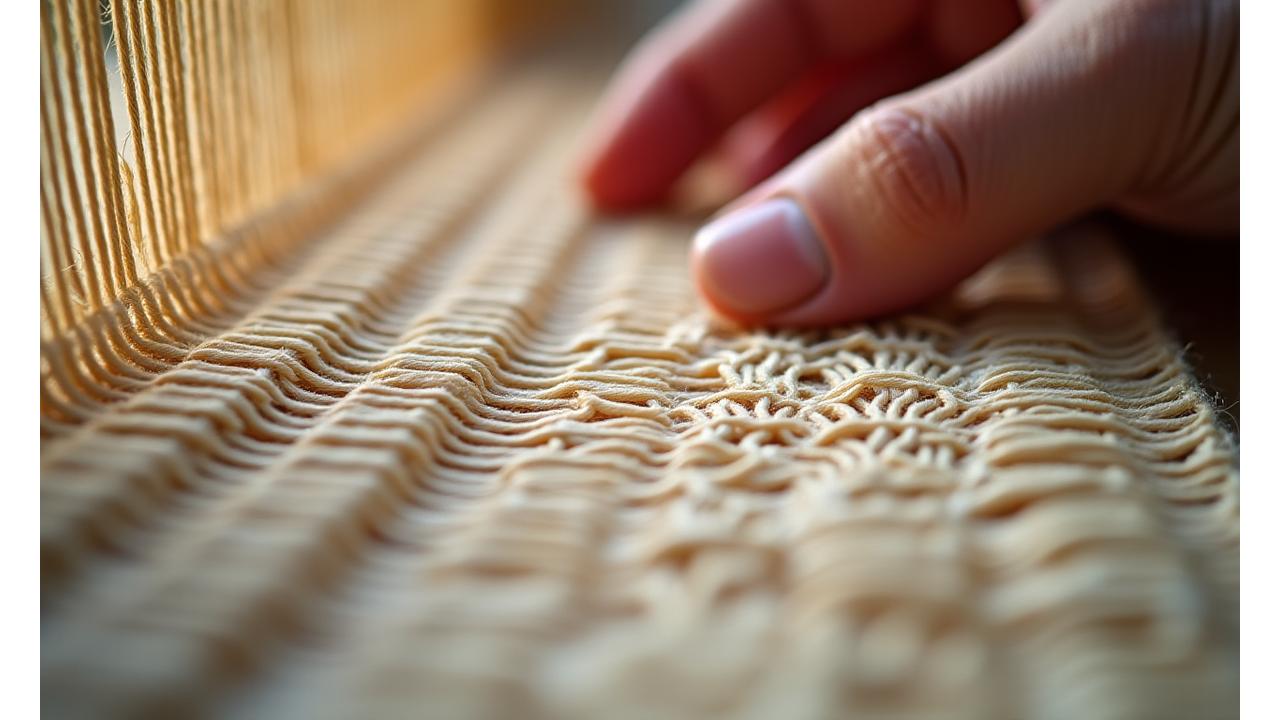 伝統的な日本の織機で織られる、現代的で持続可能な繊維のクローズアップ。繊維は柔らかく、光沢があり、天然の温かみのある色合いをしています。