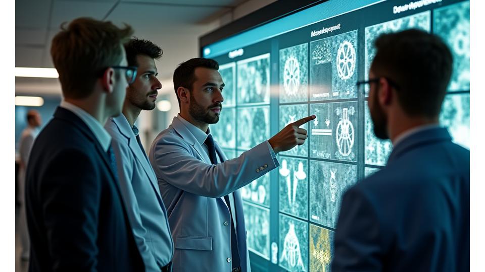 様々な業界の企業ロゴが並んだ背景に、研究者たちがテキスタイルサンプルを議論している様子