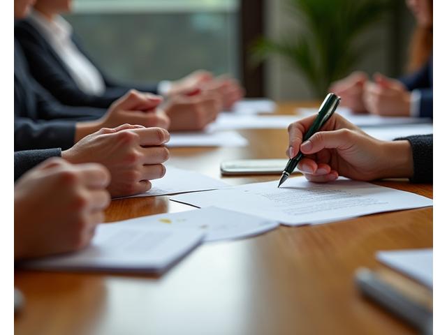 木製の会議室テーブルに座り、協力して問題を解決する専門家のクローズアップ。透明性と対話を強調。