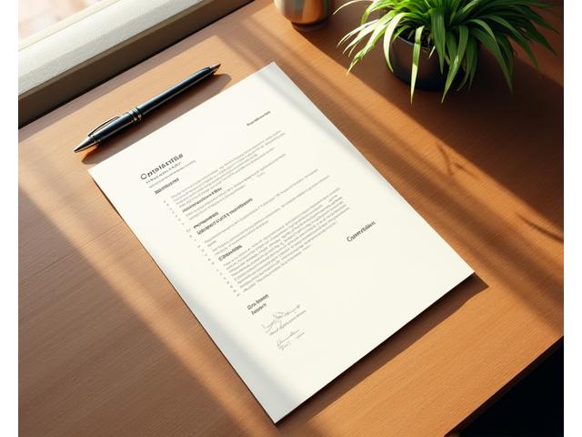 契約書とペンが置かれた上品な木製デスク。透明性と信頼を象徴する清潔でモダンな雰囲気。