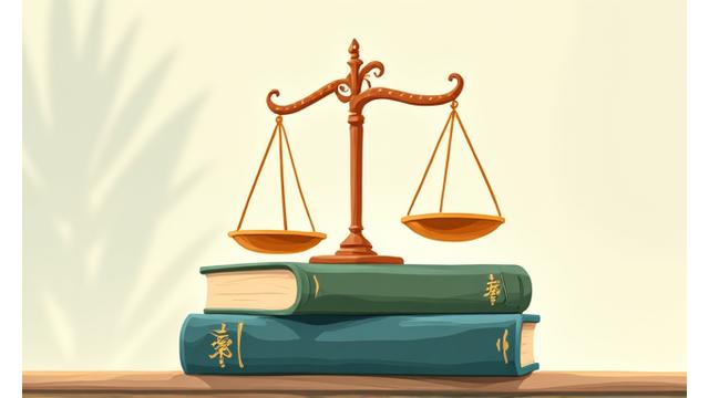 法律書とバランスの取れた天秤が描かれたイラスト。公正さと遵守の概念を表現。