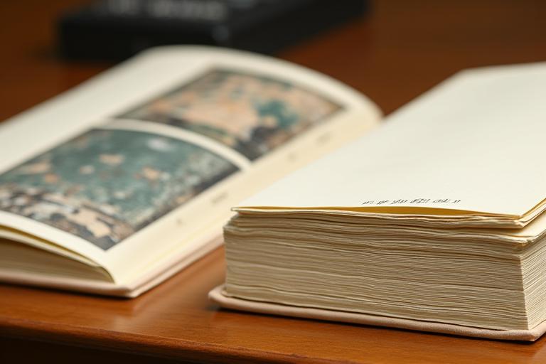 修復過程の詳細な記録が記された分厚いファイルが、修復前後の織物の写真の横に積まれている。