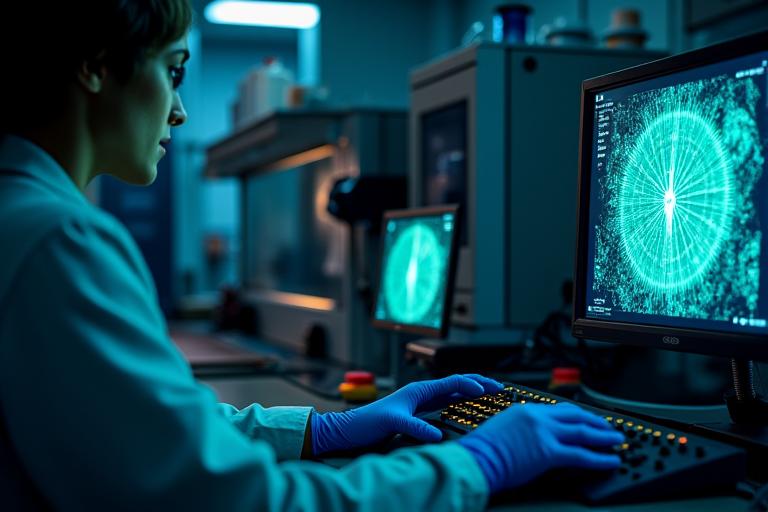 研究室で、X線分析装置が古い布地に照射され、モニターには繊維の分子構造が映し出されている。