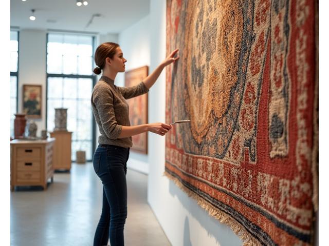 タペストリーの巨大な織物アート作品に寄り添い、小さなブラシで表面の汚れを落とす修復家。美術館のような広々とした空間。