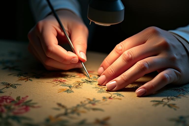 顕微鏡の下で極細の糸を一本ずつ継ぎ合わせる熟練職人の手元。集中した表情と精密な作業が伺える。